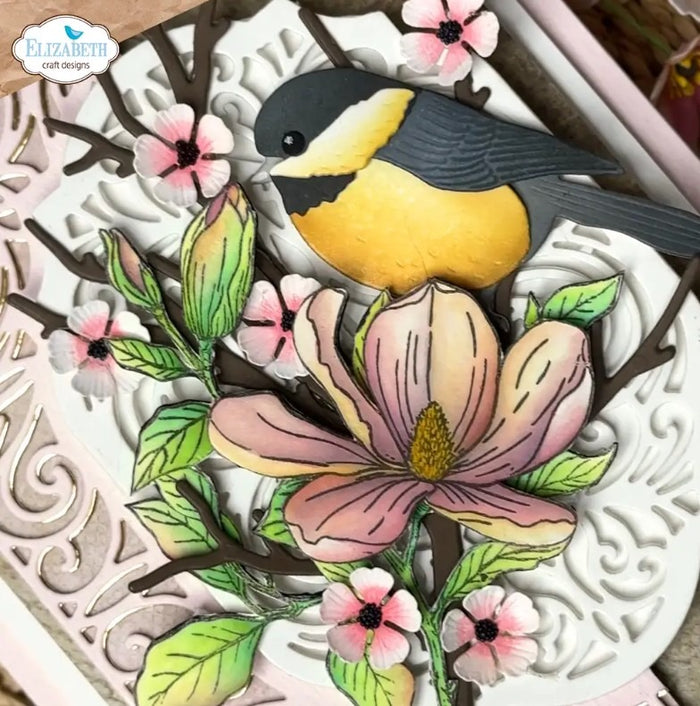 Elizabeth Craft Designs - Die - Chickadee. Includes 2 birds with detailed layers, perfect for adding dimension and charm to your nature-inspired projects. At Embellish Away in Bowmanville Ontario Canada. Example by brand ambassador.