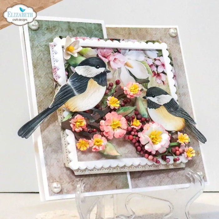 Elizabeth Craft Designs - Die - Chickadee. Includes 2 birds with detailed layers, perfect for adding dimension and charm to your nature-inspired projects. At Embellish Away in Bowmanville Ontario Canada. Example by brand ambassador.