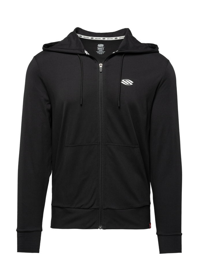 Front view of black Essentials 2.0 Men’s Dual Soft Full Zip Hoodie showcasing full zip, hood, drawstrings, and front pockets