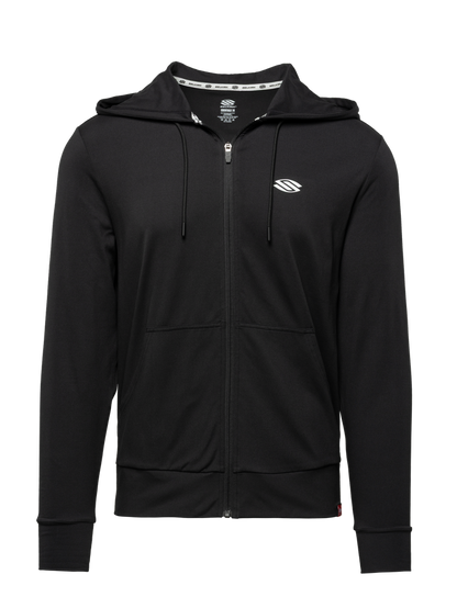 Front view of black Essentials 2.0 Men’s Dual Soft Full Zip Hoodie showcasing full zip, hood, drawstrings, and front pockets