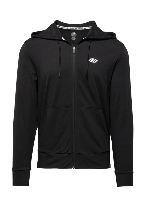 Front view of black Essentials 2.0 Men’s Dual Soft Full Zip Hoodie showcasing full zip, hood, drawstrings, and front pockets