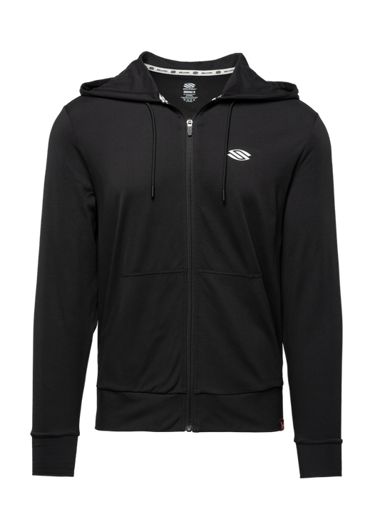 Front view of black Essentials 2.0 Men’s Dual Soft Full Zip Hoodie showcasing full zip, hood, drawstrings, and front pockets