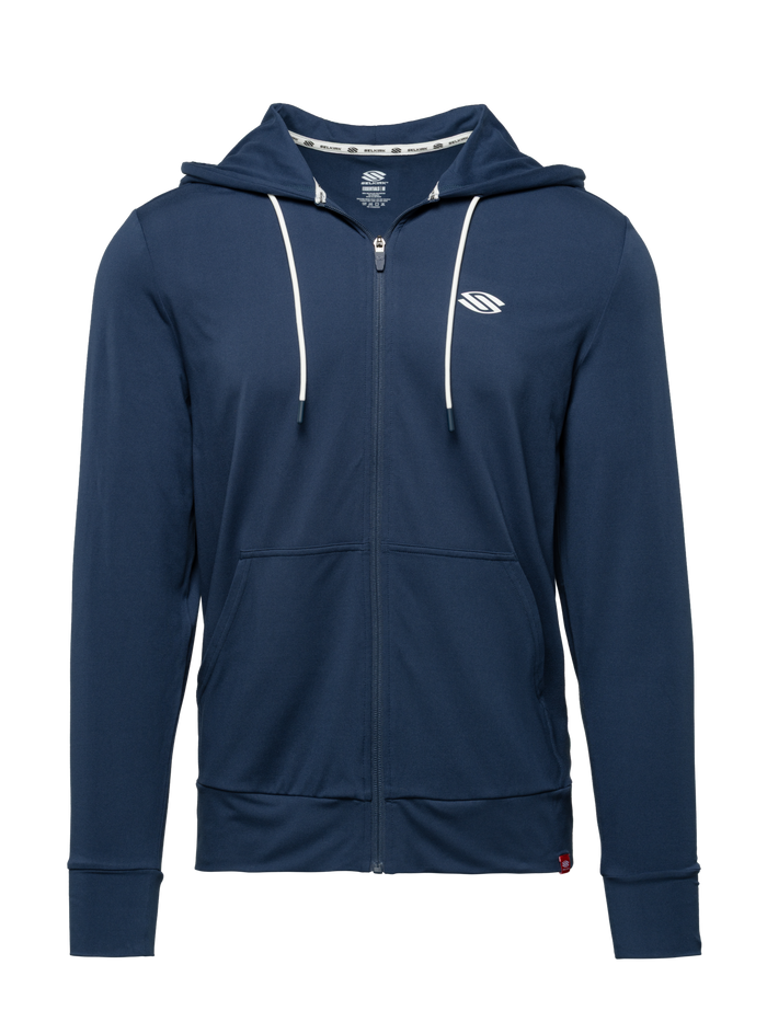 Front view of navy Essentials 2.0 Men’s Dual Soft Full Zip Hoodie with hood, drawstrings, full zip, and kangaroo pockets
