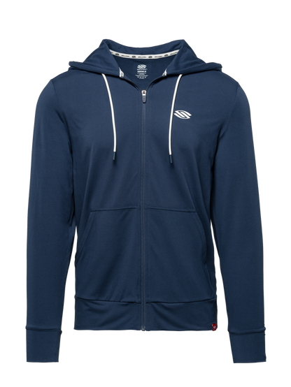 Front view of navy Essentials 2.0 Men’s Dual Soft Full Zip Hoodie with hood, drawstrings, full zip, and kangaroo pockets
