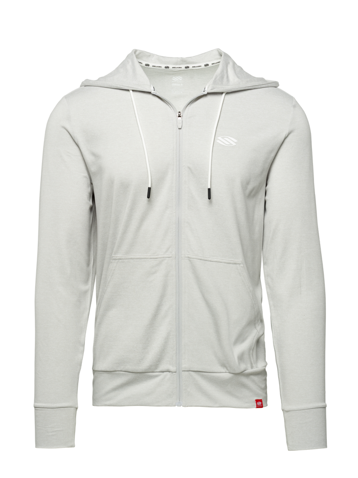 Front view of Essentials 2.0 Men’s Dual Soft Full Zip Hoodie in heather gray with full zip, hood, drawstrings, and front pockets