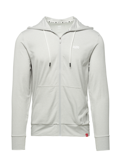 Front view of Essentials 2.0 Men’s Dual Soft Full Zip Hoodie in heather gray with full zip, hood, drawstrings, and front pockets