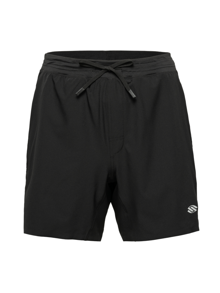 Front view of black Essentials 2.0 Men’s Performance 7-inch Pickleball Shorts with drawstring waist and Selkirk logo