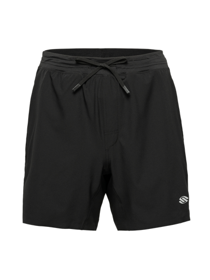 Front view of black Essentials 2.0 Men’s Performance 7-inch Pickleball Shorts with drawstring waist and Selkirk logo