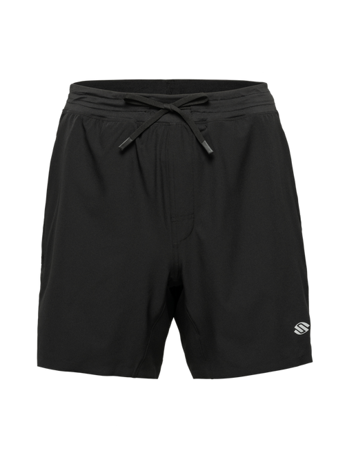 Front view of black Essentials 2.0 Men’s Performance 7-inch Pickleball Shorts with drawstring waist and Selkirk logo