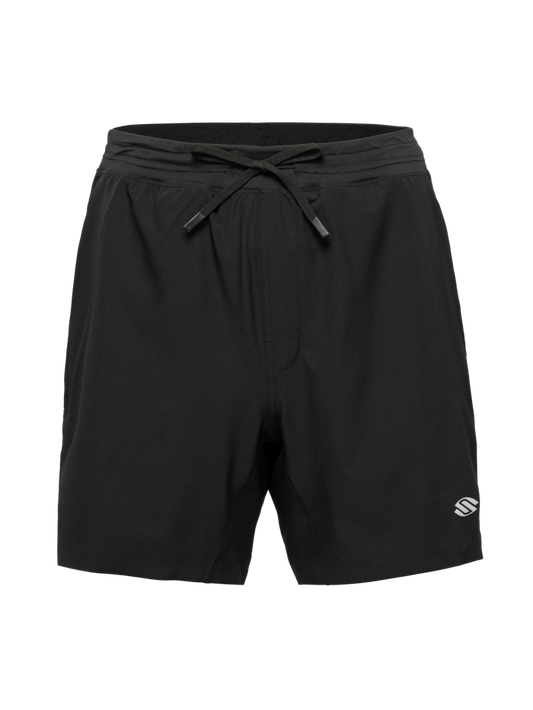 Front view of black Essentials 2.0 Men’s Performance 7-inch Pickleball Shorts with drawstring waist and Selkirk logo