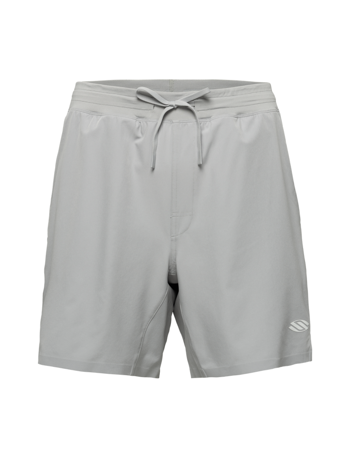 Gray Essentials 2.0 men’s 7-inch Pickleball shorts with drawstring waistband and Selkirk logo