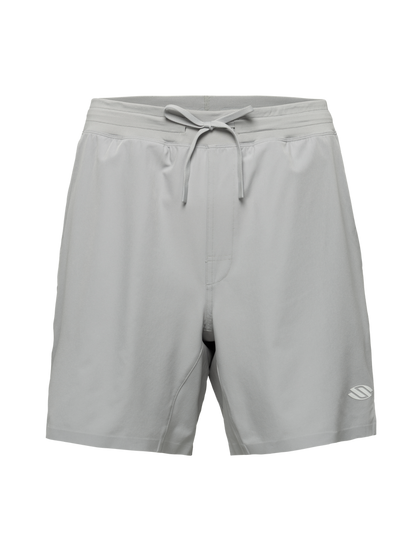 Gray Essentials 2.0 men’s 7-inch Pickleball shorts with drawstring waistband and Selkirk logo