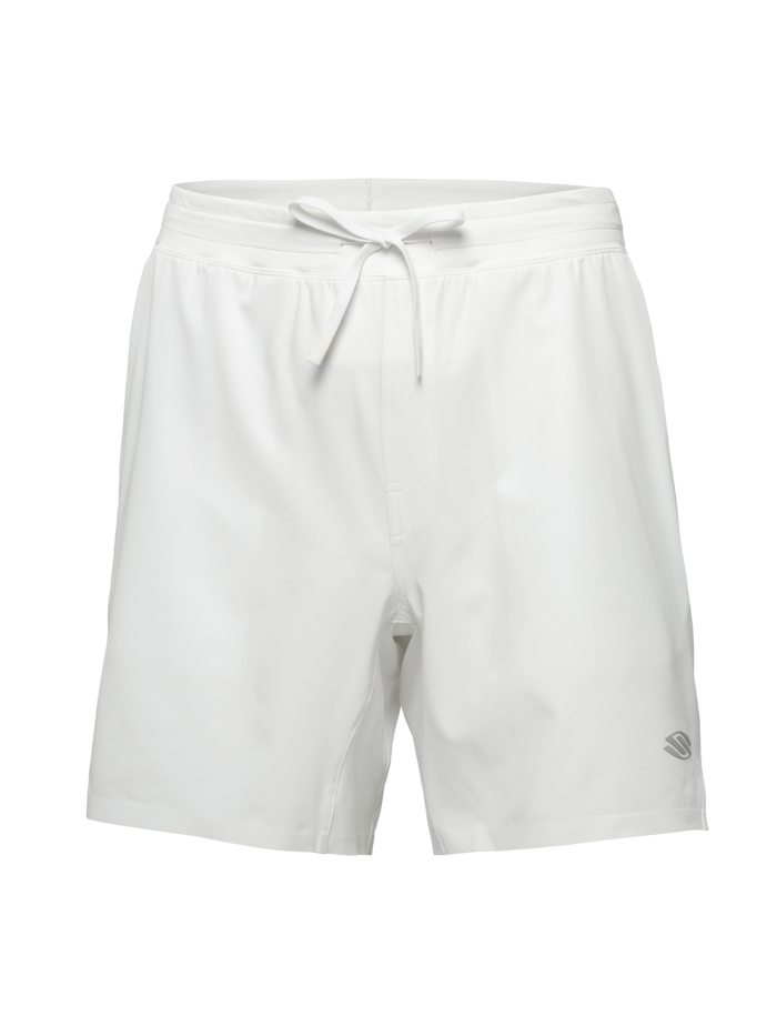 Front view of white Essentials 2.0 Men’s Performance 7 inch Pickleball Shorts with drawstring waistband