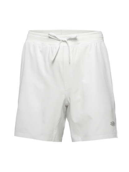 Front view of white Essentials 2.0 Men’s Performance 7 inch Pickleball Shorts with drawstring waistband