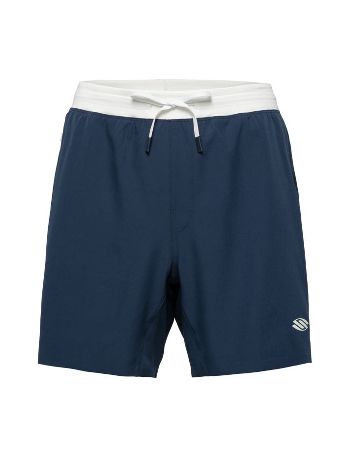 Front view of navy Essentials 2.0 Men’s Performance 7-inch Pickleball Shorts showcasing white waistband and Selkirk logo on plain background
