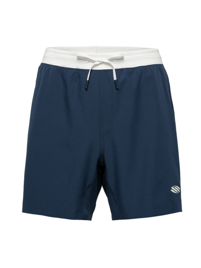 Front view of navy Essentials 2.0 Men’s Performance 7-inch Pickleball Shorts showcasing white waistband and Selkirk logo on plain background