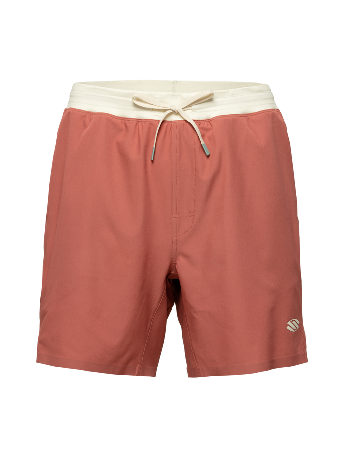 Front view of rust Essentials 2.0 Men’s Performance 7 inch Pickleball Shorts showcasing elastic waistband and drawstring