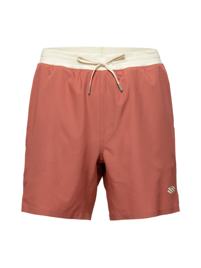 Front view of rust Essentials 2.0 Men’s Performance 7 inch Pickleball Shorts showcasing elastic waistband and drawstring