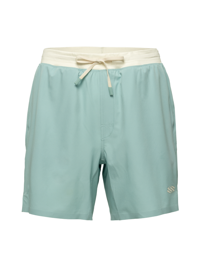 Front view of Essentials 2.0 Men’s Performance 7-inch Pickleball Shorts in light blue with white waistband and drawstring