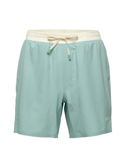 Front view of Essentials 2.0 Men’s Performance 7-inch Pickleball Shorts in light blue with white waistband and drawstring