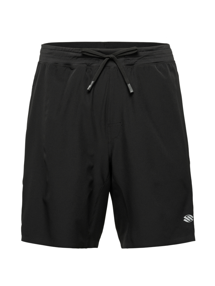 Front view of Essentials 2.0 Men’s Performance 9 inch Pickleball Shorts showcasing black fabric, drawstring waist, and Selkirk logo on a transparent background