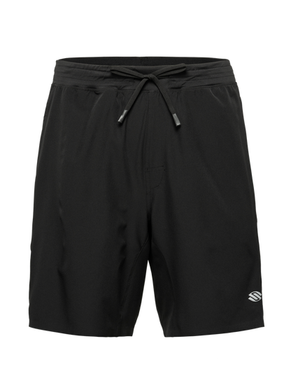 Front view of Essentials 2.0 Men’s Performance 9 inch Pickleball Shorts showcasing black fabric, drawstring waist, and Selkirk logo on a transparent background