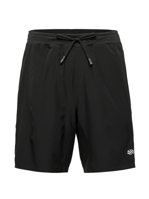 Front view of Essentials 2.0 Men’s Performance 9 inch Pickleball Shorts showcasing black fabric, drawstring waist, and Selkirk logo on a transparent background