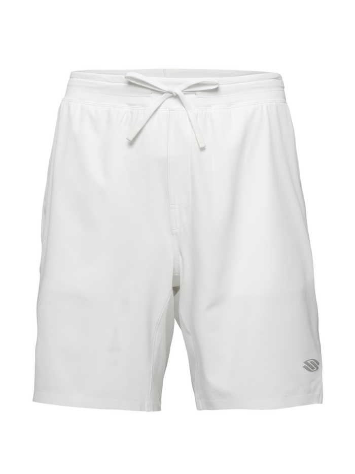 Front view of white Essentials 2.0 Men’s Performance 9-inch Pickleball Shorts showcasing drawstring waist with a transparent background
