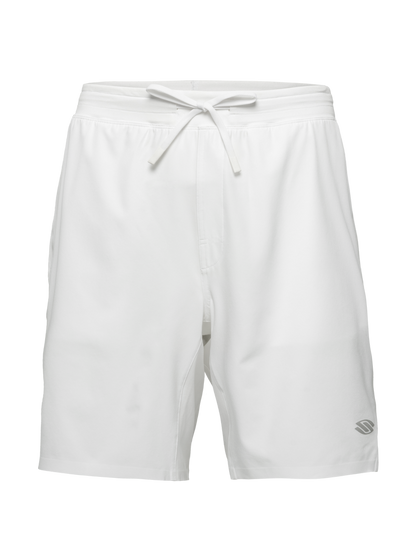 Front view of white Essentials 2.0 Men’s Performance 9-inch Pickleball Shorts showcasing drawstring waist with a transparent background