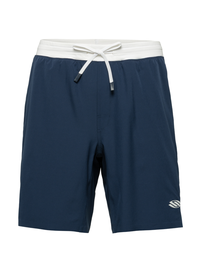 Front view of Essentials 2.0 Men’s Performance 9-inch pickleball shorts in navy with white waistband and Selkirk logo