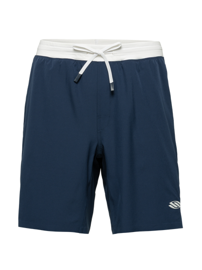 Front view of Essentials 2.0 Men’s Performance 9-inch pickleball shorts in navy with white waistband and Selkirk logo
