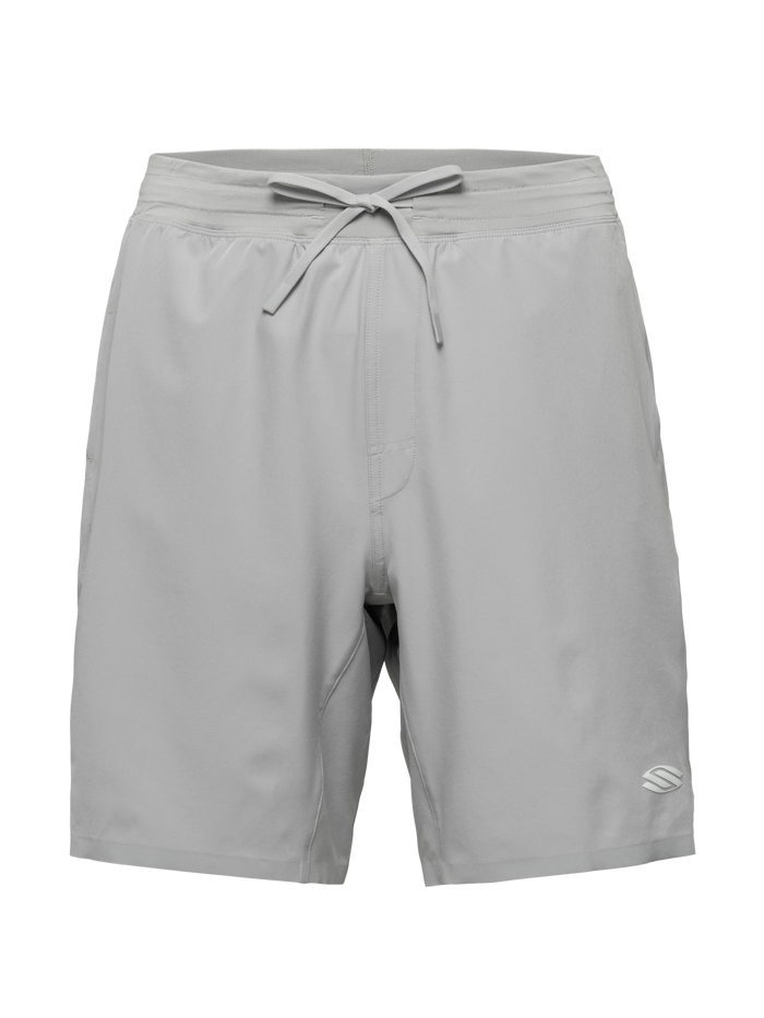 Front view of gray Essentials 2.0 Men’s 9-inch Pickleball Shorts with drawstring waist and Selkirk logo on black background