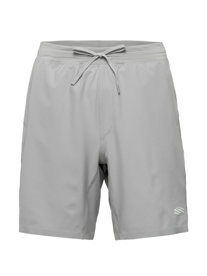 Front view of gray Essentials 2.0 Men’s 9-inch Pickleball Shorts with drawstring waist and Selkirk logo on black background