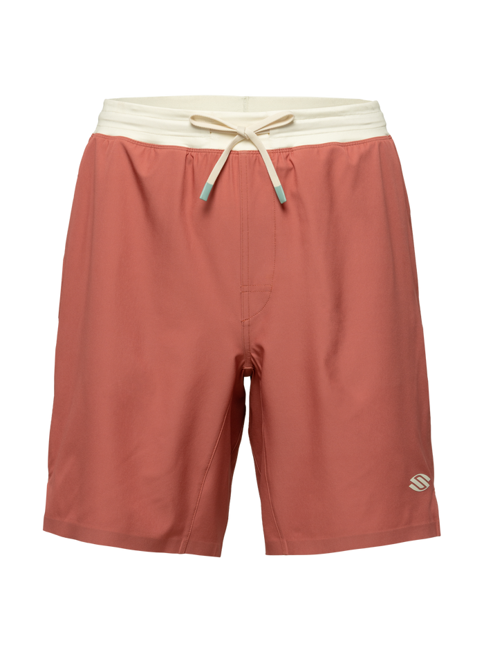 Front view of rust Essentials 2.0 mens Performance 9 inch Pickleball Shorts with cream waistband and drawstring