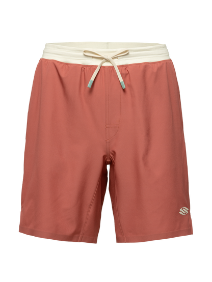 Front view of rust Essentials 2.0 mens Performance 9 inch Pickleball Shorts with cream waistband and drawstring