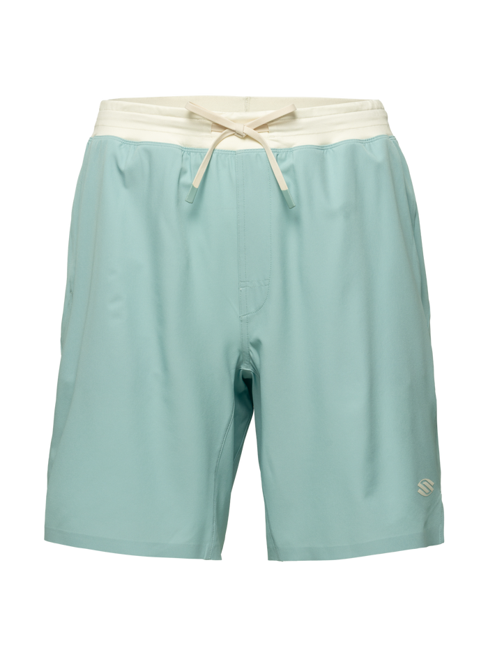 Front view of Essentials 2.0 men’s 9-inch Pickleball shorts showcasing light blue fabric and a drawstring waistband