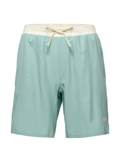 Front view of Essentials 2.0 men’s 9-inch Pickleball shorts showcasing light blue fabric and a drawstring waistband