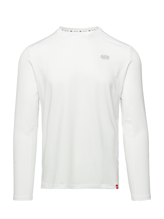 Front view of Essentials 2.0 Men’s Sport-Wik Long Sleeve Tee showcasing its white long-sleeve design and chest logo on a plain background