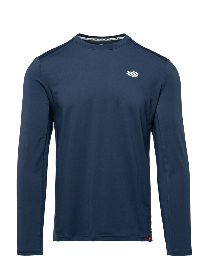 Front view of Essentials 2.0 Men’s Sport-Wik Long Sleeve Tee showcasing navy fabric and Selkirk logo on a plain background