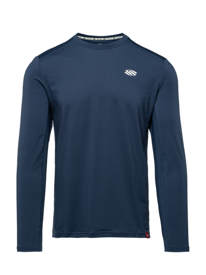 Front view of Essentials 2.0 Men’s Sport-Wik Long Sleeve Tee showcasing navy fabric and Selkirk logo on a plain background