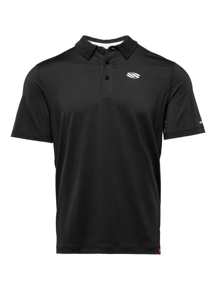 Front view of black Essentials 2.0 Sport-Wik short-sleeve polo with collar and chest logo