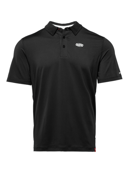Front view of black Essentials 2.0 Sport-Wik short-sleeve polo with collar and chest logo