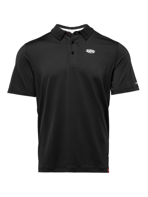 Front view of black Essentials 2.0 Sport-Wik short-sleeve polo with collar and chest logo