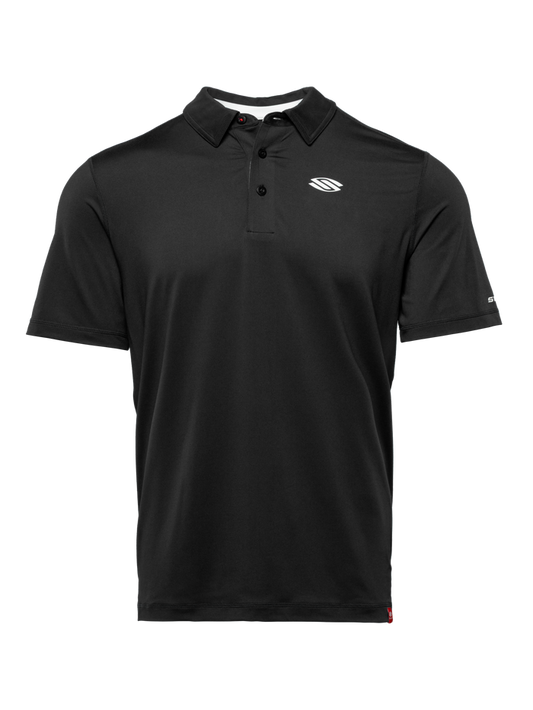 Front view of black Essentials 2.0 Sport-Wik short-sleeve polo with collar and chest logo