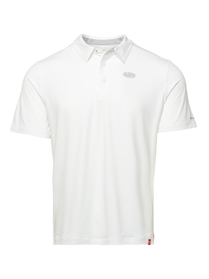 Front view of Essentials 2.0 Men’s Sport-Wik Short Sleeve Polo showcasing its white collared design with a transparent background
