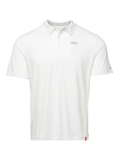 Front view of Essentials 2.0 Men’s Sport-Wik Short Sleeve Polo showcasing its white collared design with a transparent background
