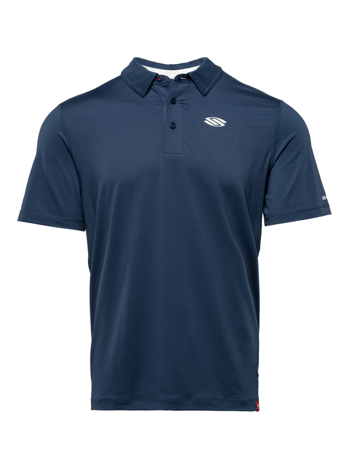 Front view of Essentials 2.0 Mens Sport Wik Short Sleeve Polo showcasing navy color and button placket on transparent background