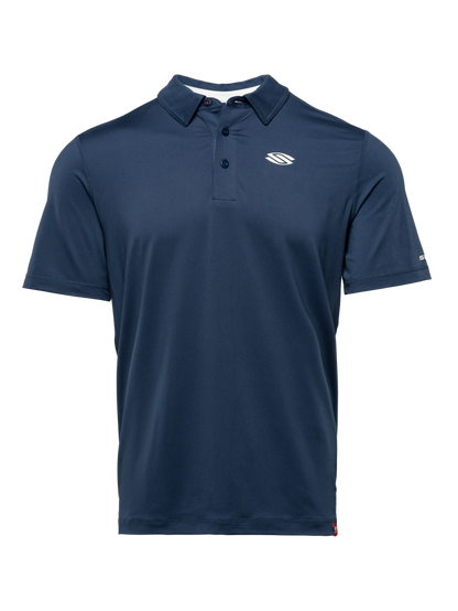 Front view of Essentials 2.0 Mens Sport Wik Short Sleeve Polo showcasing navy color and button placket on transparent background