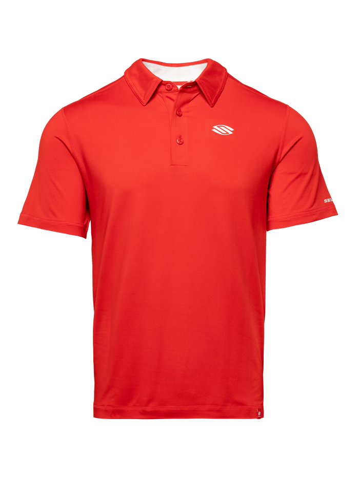 Front view of red Essentials 2.0 Men’s Sport-Wik Short Sleeve Polo with collared neckline and white chest logo