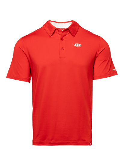 Front view of red Essentials 2.0 Men’s Sport-Wik Short Sleeve Polo with collared neckline and white chest logo